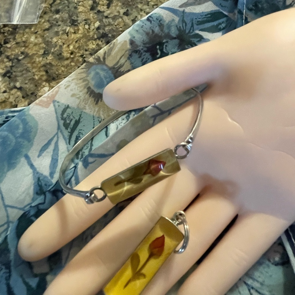 Bracelet, Vintage 925 Silver Bangle w/Rose in Resin, and Matching Pendan…